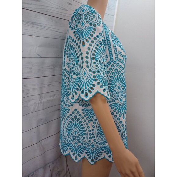 Chicos 2 Top Teal Blue Eyelet Cold Shoulder Short Zig Zag Sleeve Blouse M - Picture 5 of 11